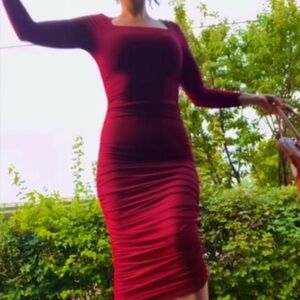 🌹 Burgundy Red 🌹 Ruched Bodycon Maxi Dress